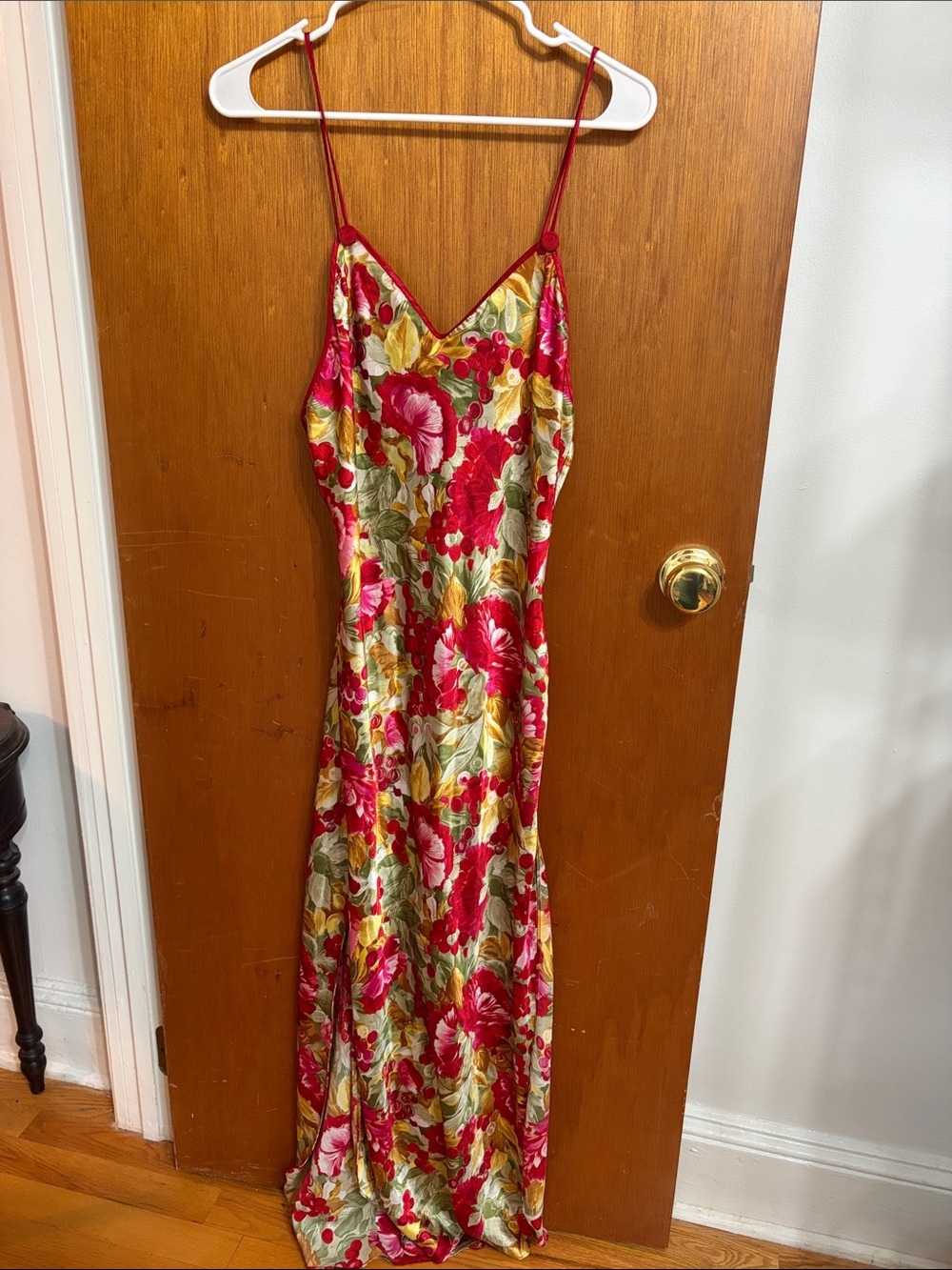 Vintage Floral Satin Maxi Slip Dress in Red and Green